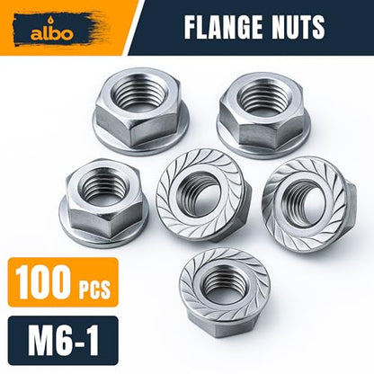 ALBO 100 PCS M6-1.0 Hex Flange Lock Nuts – Stainless Steel 304, Set in Reusable Box – Hardware for Automotive & DIY – M6 Nuts, Metric Nut Assortment - size: Flange Nuts М6-1, 100pcs