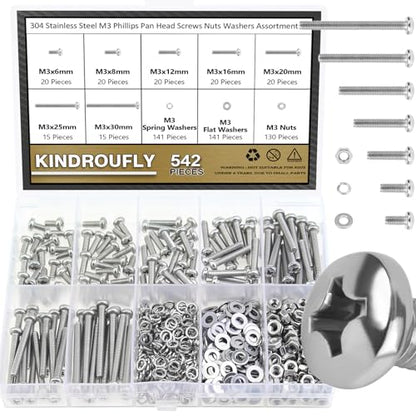 542 Pieces M3 x 6/8 /12/16 /20/25 /30mm Phillips Pan Head Machine Screws Nuts Washers Assortment Kit, 304 Stainless Steel, Fully Machine Thread - size: M3, style: Phillips Pan Head