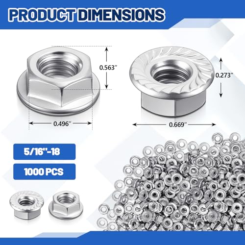 Hicarer 1000 Pack 5/16-18 Zinc Plated Serrated Flange Hex Lock Nuts, Serrated Flange 5/16-18 Hex Lock Nuts Locknuts Replacement Bright Finish Corrosion-Resistant - size: 5/16-18