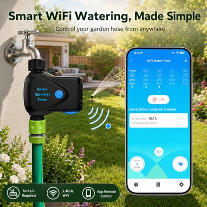 WiFi Water Timer with Built-in Flow Meter, Smart Garden Hose Controller, No Hub Required, 2.4GHz App Remote Control, Timed & Volume Watering, Rain Delay, IP65 Waterproof for Lawn Garden Greenhouse - style: WiFi Water Timer with Flow Meter
