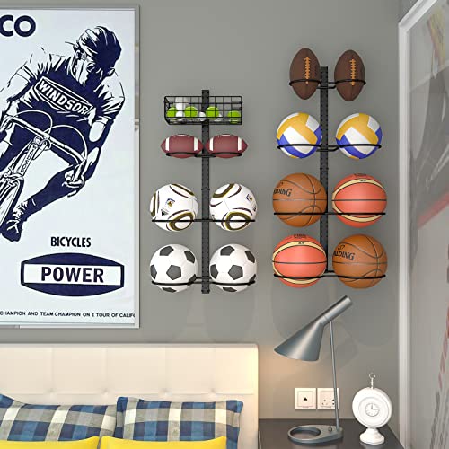 8 Tier Detachable Wall Mounted Basketball Rack, Vertical/Horizontal Football Holder, Holds 14 Balls DIY 1/2/3/4 Soccer Stand, Height-Adjustable Ball Rack with Basket for Garage, Tool Room, Metal-Black