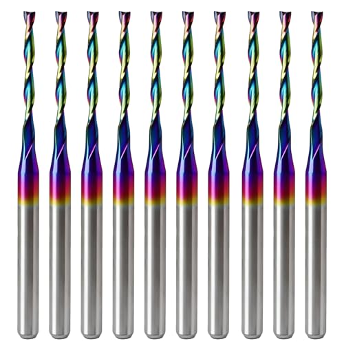 10Pcs CNC Router Bits with DLC Coating 1/8" Shank Upcut CNC Bit End Mill Solid Carbide Endmill Two Flute Spiral Milling Cutter for Wood PVC Engraving (1/16" x1/8" x1/2" x1-1/2) - size: 1/16"x1/8"x1/2"x1-1/2"