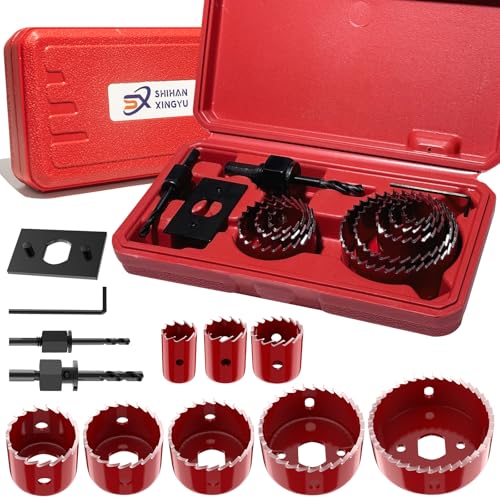 12-Piece Hole Saw Kit, 8 Sizes 3/4" to 2-1/2" Hole Saw Set in Case with Arbors, Drill Bits and Hex Key for Soft Wood, Plywood, PVC Board and Plastic - color: Red