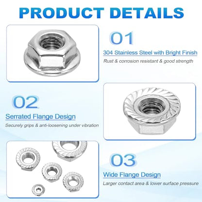 100Pcs Serrated Flange Hex Nuts-#10-24-UNC 304 SS Bright Finish - color: Silver, size: #10-24