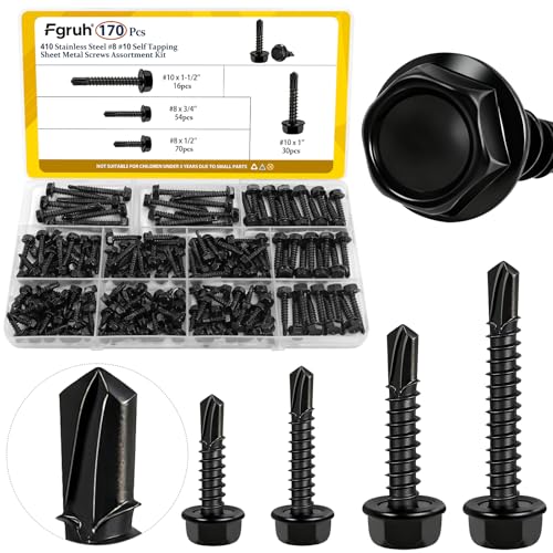 170Pcs #8#10 Hex Washer Head Self Tapping Sheet Metal Screws Kit - size: 170pcs #8#10 Black