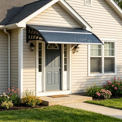 58.5x35 Inch Patio Window Awning Shade, Polycarbonate Door Entrance Canopy Cover Protection for Sunshine & Rain, Grey with Black Edge - color: Black + Gray