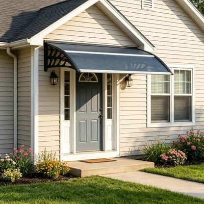 58.5x35 Inch Patio Window Awning Shade, Polycarbonate Door Entrance Canopy Cover Protection for Sunshine & Rain, Grey with Black Edge - color: Black + Gray