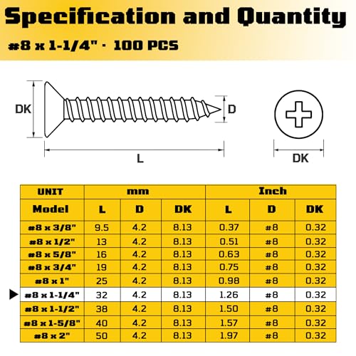 #8 x 1-1/4 inch Flat Head Wood Screws, 304 Stainless Steel Phillips Drywall Screws and Tapping Screws, High Hardness Screws for Drywall, Sheetrock, Wood (100 pcs) - size: #8 x 1-1/4"