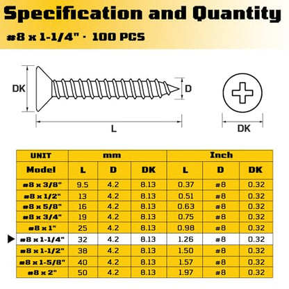 #8 x 1-1/4 inch Flat Head Wood Screws, 304 Stainless Steel Phillips Drywall Screws and Tapping Screws, High Hardness Screws for Drywall, Sheetrock, Wood (100 pcs) - size: #8 x 1-1/4"