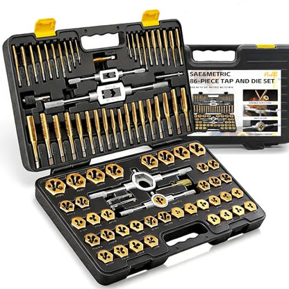 KJE 86PCS SAE & Metric Tap and Die Set (#4 to 5/8”, M3 to M16), Tap Set and Die Tool Set, Coarse and Fine Threading Rethreading Tool Kit with Holders, Gauges, for Internal and External Threading