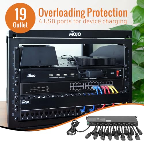 Tecmojo 1U Rack Mount 19 Outlet PDU Power Distribution Unit Circuit Breaker fits 19-inch AV/Network/Server Cabinet/Closet/Enclosure(SKU# 13111901) - size: 19 Outlets/12A/USB+Overloading Protection