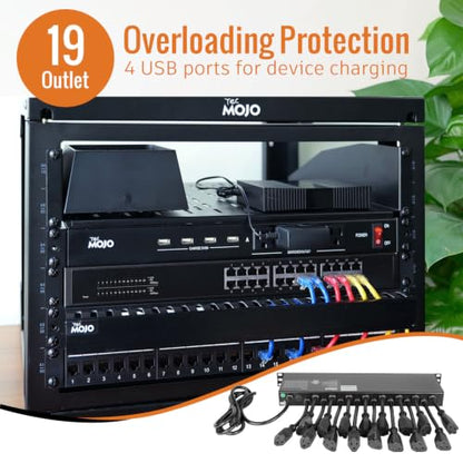 Tecmojo 1U Rack Mount 19 Outlet PDU Power Distribution Unit Circuit Breaker fits 19-inch AV/Network/Server Cabinet/Closet/Enclosure(SKU# 13111901) - size: 19 Outlets/12A/USB+Overloading Protection