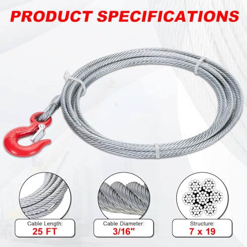 3/16" × 25' Galvanized Steel Towing Winch Cable with Safety Hook - size: 3/16"x25ft