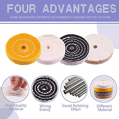Swpeet 3" Buffing Polishing Wheels Polish Pad 8Pcs Kit with 3Pcs Polishing Compounds and 1/4" Drill Shank, White Cotton(50Ply)/ Yellow Cotton(36Ply)/Coarse Linen/Denim Wheels for Bench Grinder