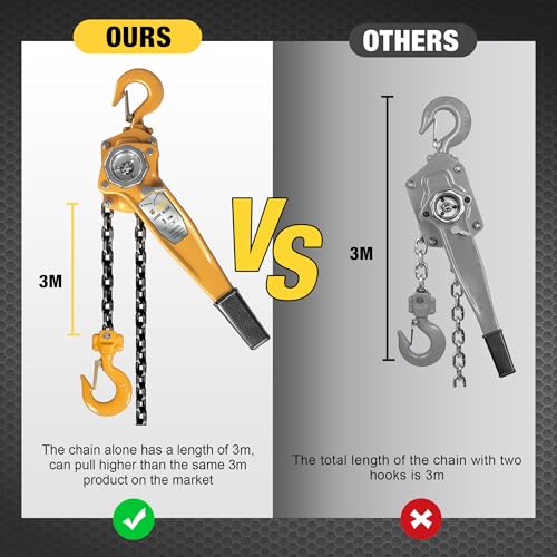 YELLOW JACKET 3 Ton Manual Lever Chain Hoist, 10 FT Come Along, G80 Galvanized Carbon Steel with Weston Double-Pawl Brake, Chain Come Along and Safety Measures for Chain Fall - size: 3 Ton 10FT
