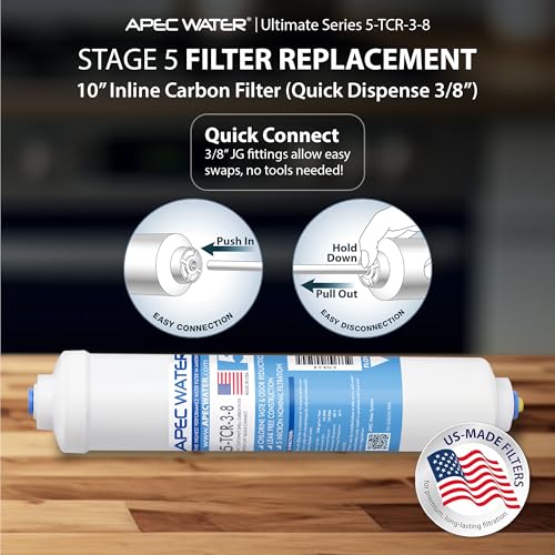 APEC Water 5-TCR-3-8, 10" Inline Carbon Filter, US Made, Quick Connector - style: Quick Connect 3/8" Carbon Filter