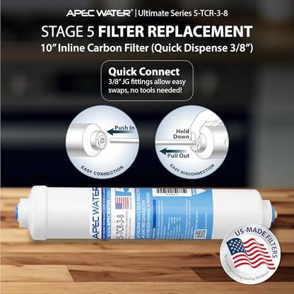 APEC Water 5-TCR-3-8, 10" Inline Carbon Filter, US Made, Quick Connector - style: Quick Connect 3/8" Carbon Filter