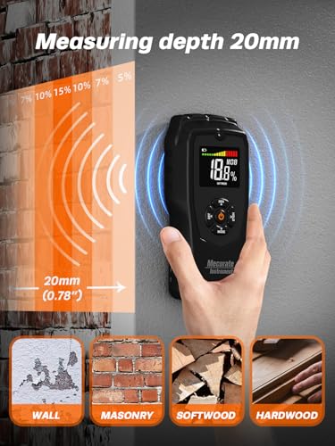 Moisture Meter Damp Meter Pinless Wood Moisture Meter for Walls Logs Firewood and Building Material, 4 Mode 9 Density Settings, Non-Destructive Moisture Detector with Backlit LCD and Alerts (Black) - style: Pinless