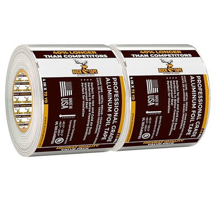 2 Pack Buck Aluminum Foil Tape – 4 Inch x 216ft (72 yd), 3.6 Mil – HVAC Tape for Ductwork, AC, Dryer Vents & Insulation – Silver Foil Tape for Metal Repair, Exhaust Sealing & Air Conditioning - size: 4 Inch, style: 2 Pack