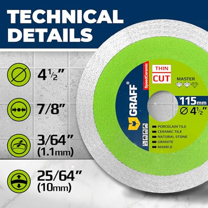 4 1/2 Inch Tile Blade for Angle Grinder 7/8 Arbor – Super Thin SpeedCeramic Diamond Saw Blade for Smooth Cutting Porcelain Ceramic Granite Marble Tile – Diamond Cutting Wheel for Hard Tile GRAFF - size: 4 ½ Inch (115 mm) Speedceramic
