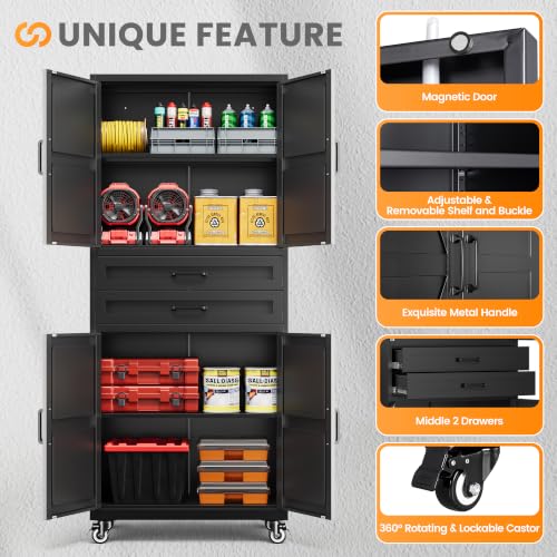 73" Tall Wheeled Garage Cabinet with 2 Drawer, Black Rolling Cabinets - color: Black, size: 73.2"H x 32"W x 16"D