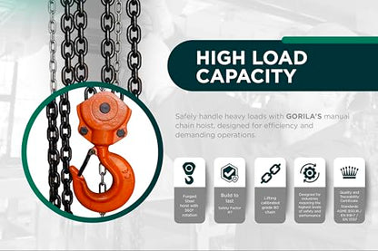 GORILA Hand Chain Hoist 6600LBS 10FT (3 Ton 3 Meters) with 2 Heavy Duty Hooks and Forged Locks | Safety Factor 4:1 | Since 1989 - size: 6600lbs - 10ft / 3t - 3m
