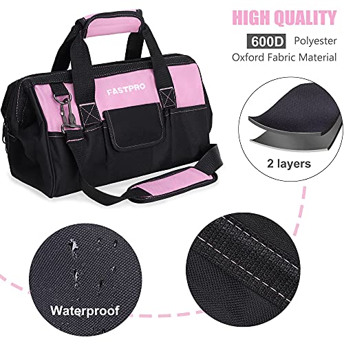 FASTPRO 14-Inch Pink Tool Bag, Wide Mouth Open Storage Bag - size: 14-inch