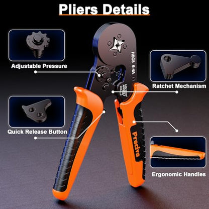 Preciva Professional Self-Adjusting Ratchet Crimping Tool Kit for Insulated Ferrules - 0.25-10mm² (AWG 24-8) with 1280PCS Terminal Kit & Mini Wire Stripper, Ergonomic Non-Slip Handle, Carrying Case