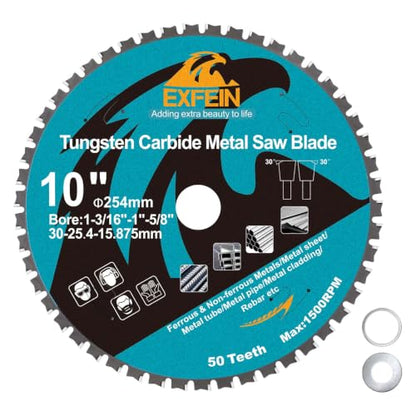 10 Inch 50T Metal Circular Saw Blade - EXFEIN Tungsten Carbide Tipped Saw Blade Arbor 1-3/16" for Metal Sheet or Pipe, Angle Iron, Rebar, Ferrous Metals, Non-Ferrous Metals - size: 10"
