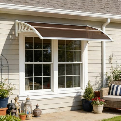58.5x35 Inch Patio Window Awning Shade, Polycarbonate Door Entrance Canopy Cover Protection for Sunshine & Rain, Tea with White Edge - color: White + Tea