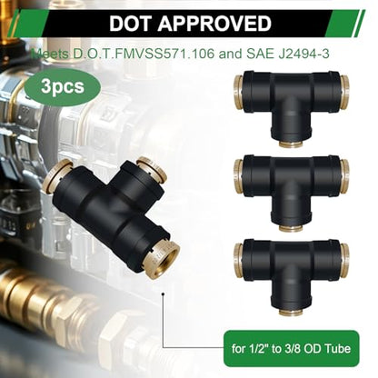 1/2" DOT Air Line Fittings Tee 3PCS, 1/2" OD x 1/2" OD x 3/8" OD - color: 1/2" * 1/2" * 3/8" 3PCS