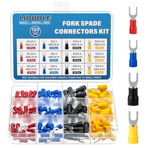 12Values #4#8#10 Fork Terminal Connectors 22-16 16-14 14-12 12-10 AWG Insulated Fork Spade Wire Connector Kit (Pack of 120 PCS)