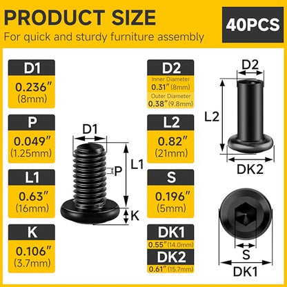 Mywish M8 x 16mm 20Set Flat Head Hex Socket Cap Screws Bolts with Barrel Nuts, 304 Stainless Steel Furniture Bolts Full Thread, Black Oxide & Hex Spanner - color: Black-M8+Nuts, size: 16mm