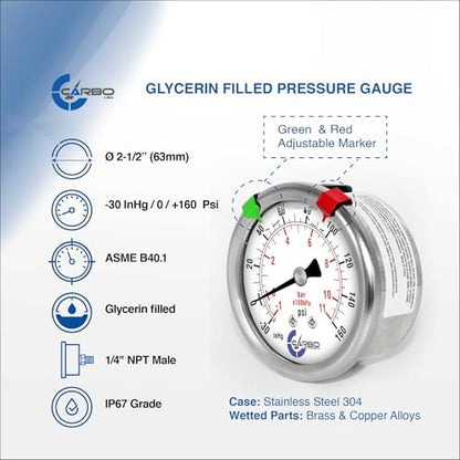 Compound Pressure Gauge -30 inHg to 160 PSI, Liquid Filled, 2.5" Dial, 1/4 NPT Back Mount, 304 Stainless Steel Case, Brass Wetted Parts, Dual Scale PSI/inHg - ASME B40.1 Grade A - size: -30 inHg to 160 PSI, style: STANDARD