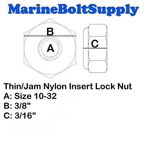 Stainless Steel Thin Jam Nylon Insert Lock Nuts 10-32 (pack of 50) Marine Bolt Supply - size: 10-32