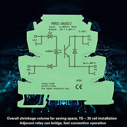 DIN Rail Relay Module, MRD-060D2 Ultra-Thin DIN Rail Mount Relay 6.2mm Solid State Relay Module Input 4-32VDC NO with LED Input State Indicator
