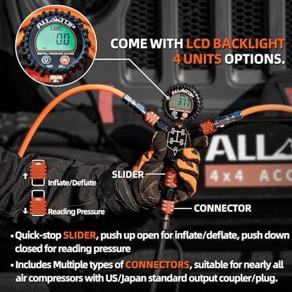 ALL-TOP 4 Tire Inflation & Deflation System, Up to 200" Wheelbase, Rapid High-Flow Air Up Down Kit w/Digital Pressure Gauge & Worry-Free Quick Fitting Package