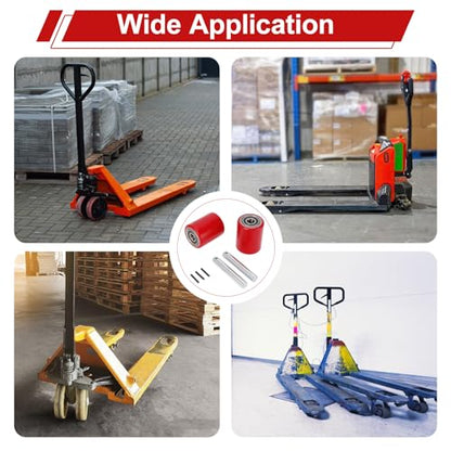 Two Packs of Pallet Jack/Truck Wheels 3” x 3.75” PU Poly Tread, 20mm ID Bearings, Full Set with Axles, Pins and Entry Exit Roller - color: Red