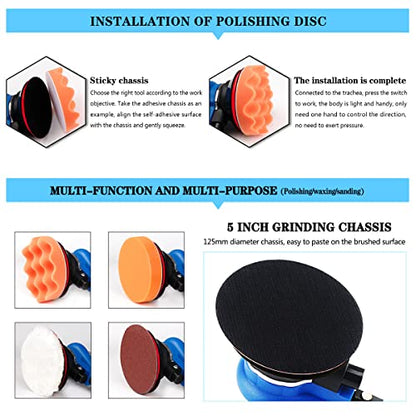 Air Random Orbital Sander 5-inch Dual Action Pneumatic Orbit Orbit Polisher Pro Grinding Sanding Tools Silver - color: Blue / 5"