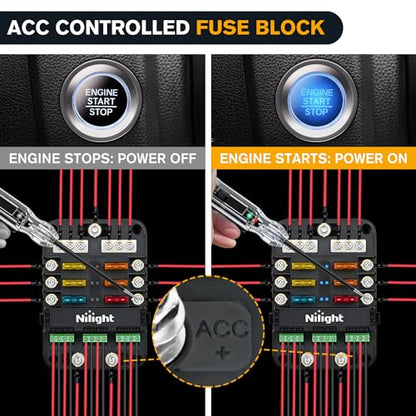 Nilight 6 Way Fuse Relay Block with Acc Control Negative Bus 12V Blade Holder ATC/ATO Box Label Stickers Waterproof Cover Panel for Automotive Cars Motorcycle RVs Vans - color: 6Way Fuse Block w/Relay