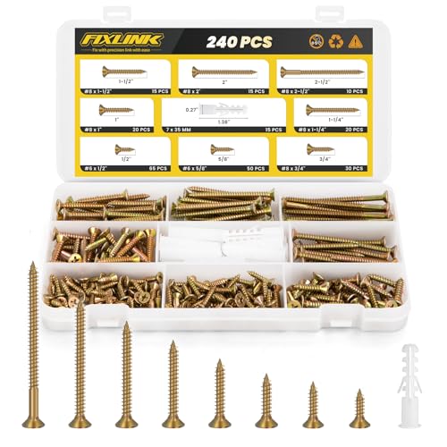 240PCS Wood Screws Assortment Kit, FIXLINK Zinc Coated Flat Head Screws Set - color: Yellow Zinc
