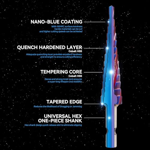 Four Spiral Flute Cobalt Step Drill Bit(Pro),M35 High Speed Steel,1/4" Hex Shank Step Bits for Metal, Stainless Steel, Aluminum, Plastic,1/8" - 1/2"(13 Step Size) - size: 1/8" - 1/2"