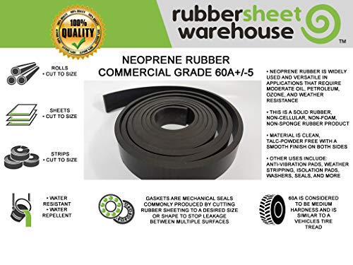 Rubber Sheet Warehouse .187" (3/16") Thick x 2" Wide x 5' long -Neoprene Rubber Strip Commercial Grade 65A, Smooth Finish, Solid Rubber, Perfect for Weather Stripping, Gasket, Costume & DIY Projects … - size: 2" wide x 5' long, style: 3/16" .187"