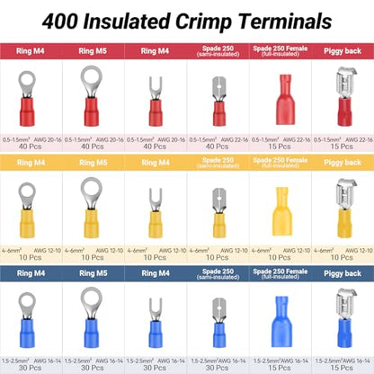 Preciva Crimping Tool Kit for Insulated Wire Connectors, AWG20-10 Ratcheting Wire Terminal Crimper with 400Pcs Insulated Connectors