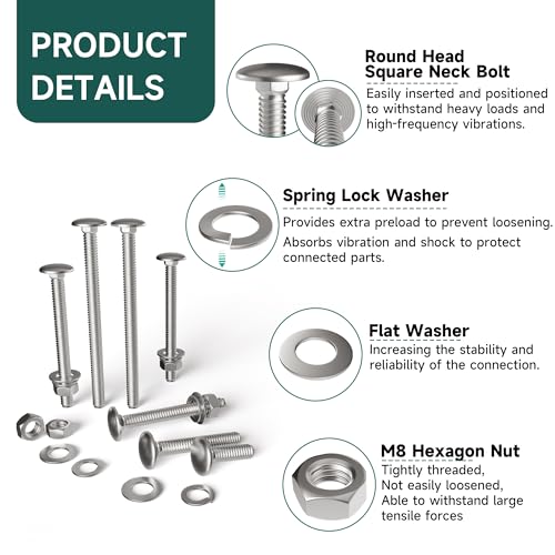 14Pcs Wheelbarrow Handles Replacement Kit, 304 Stainless Steel Wheel Barrow Handles Replacement Bolts Ultra Sturdy, Wheelbarrow Carriage Bolt Nut, Round Head Square Neck Bolt for Furniture
