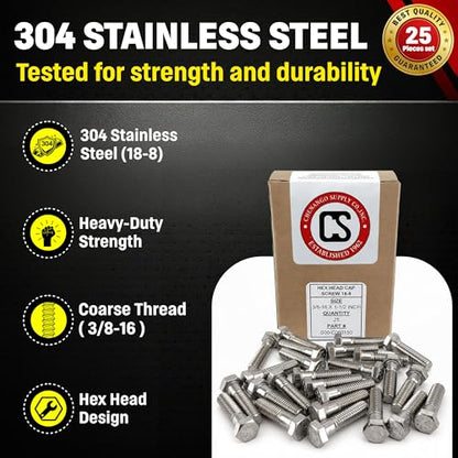 Chenango Supply 3/8-16 x 1-1/2" Stainless Steel Hex Head Bolts - size: 3/8-16 X 1-1/2"