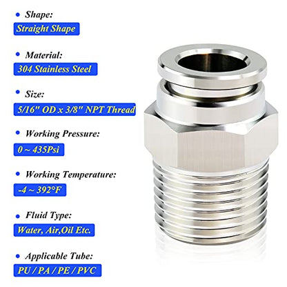 TAILONZ 304 Stainless Steel 5/16" x 3/8" NPT Push to Connect Straight 5Pcs - size: 5/16''OD 3/8''NPT