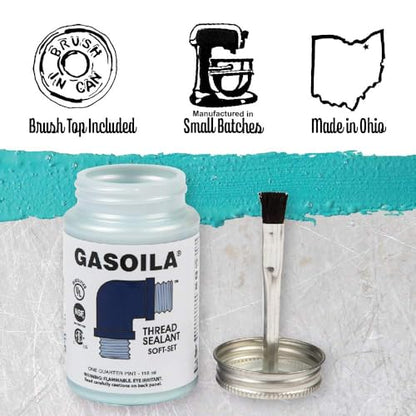 Gasoila Soft-Set Pipe Thread Sealant – Non-Hardening Paste for Metal & Plastic, 1/4 Pint with Brush Cap – Reliable Leak Prevention, Drip-Resistant, Temp Range -100 to 600°F, Made in USA