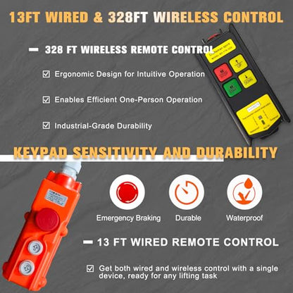 Electric Hoist, 1320 lbs Electric Winch with 328 ft Wireless & 13ft Wired Remote Control, Single/Double Slings, 40 ft Single Cable Lifting Height, Lift Hoist for Garage, Warehouses, Attic - style: 1320lbs Wireless/Wired