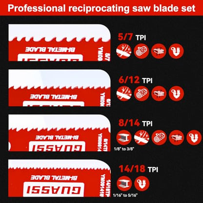12 Pack 9 inch Reciprocating Saw Blade Set, Various TPI Bi-Metal Sawzall Blades for Wood, Metal and PVC Cutting, Durable Sawzall Blades for Multi-Material Demolition and Cutting, for Diablo